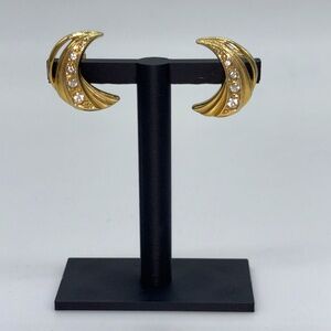 Vintage Gold Tone Diamanté Moon Clip On Earrings